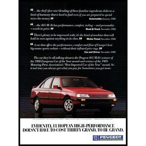 1989 Peugeot 405 mi16 Sports Sedan Vintage Print Ad Red Import Car Wall Art